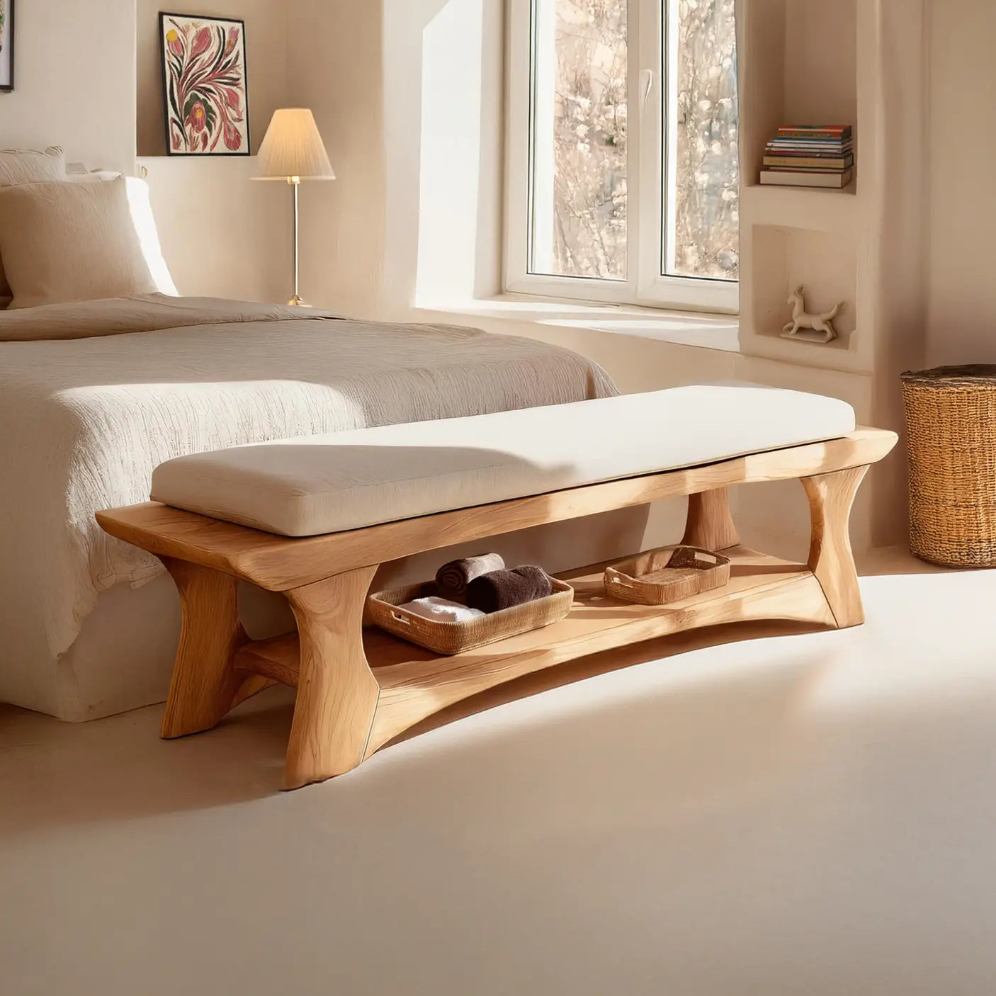 Mid Century Solid Wood Bench For Bedroom Accent Kitchnce