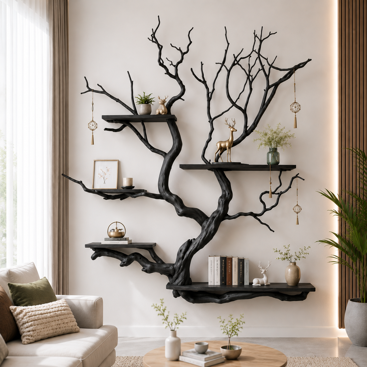 Handcrafted Solid Wood Tree Bookshelf with Organic Flowing Branches