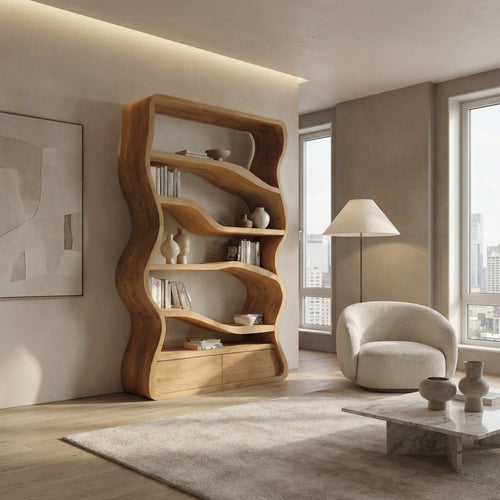 Modern Curved Wooden Bookshelf For Living Room Kitchnce