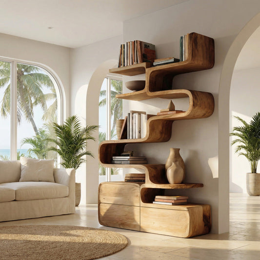 Scandinavian Sculptural Wooden Bookshelf With Organic Shape For Living Room Kitchnce