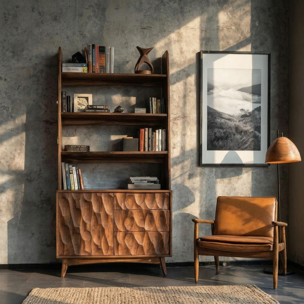Modern Wooden Bookcase With Drawers And Open Shelves For Living Kitchnce