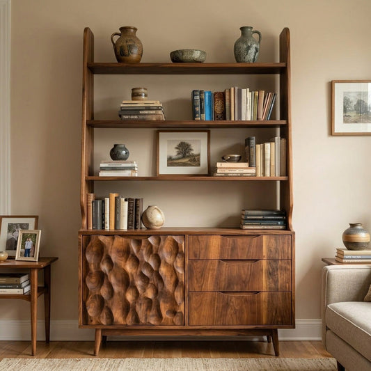 Organic Carved Wooden Bookshelf For Living Room Kitchnce
