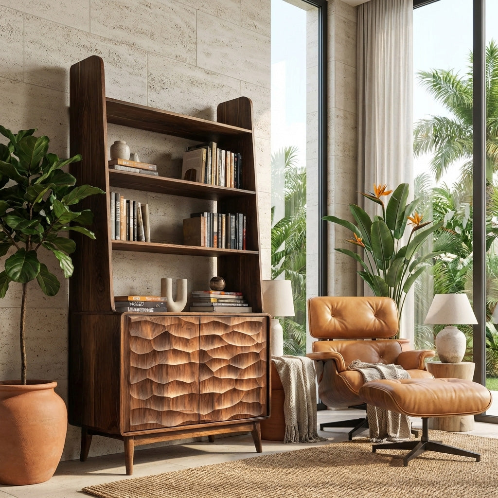 Modern Bookshelf With Carved Wave Cabinet Doors For Home Kitchnce