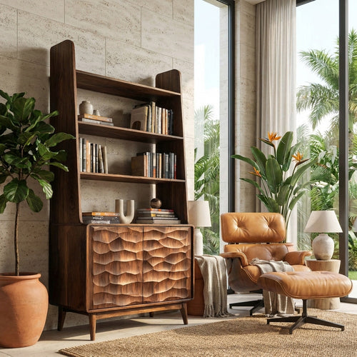 Modern Bookshelf With Carved Wave Cabinet Doors For Home Kitchnce