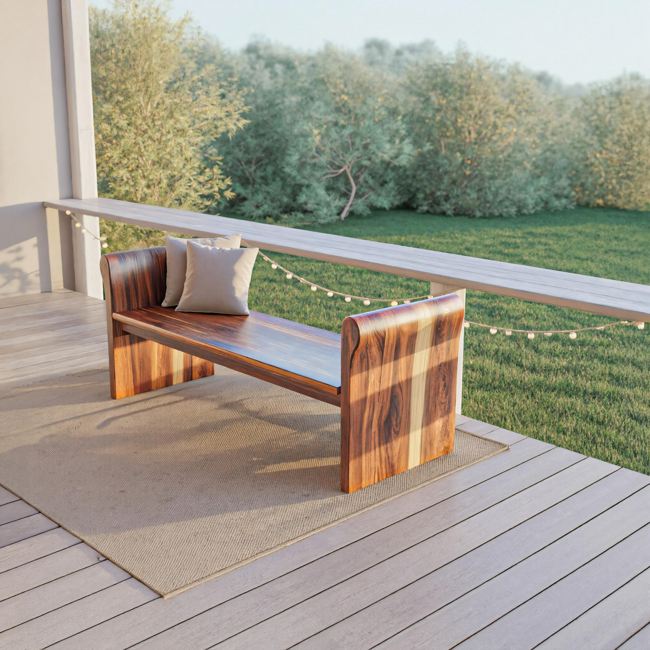 Contemporary Wood Bench With Rounded Armrests For Porch Or Garden Kitchnce