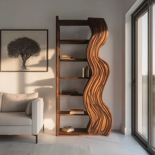 Modern Bookshelf With Wave Carved Side Panel For Office Kitchnce