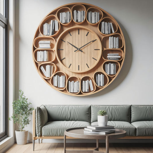 Contemporary Round Wall Bookshelf With Clock For Living Room And Home Office Kitchnce