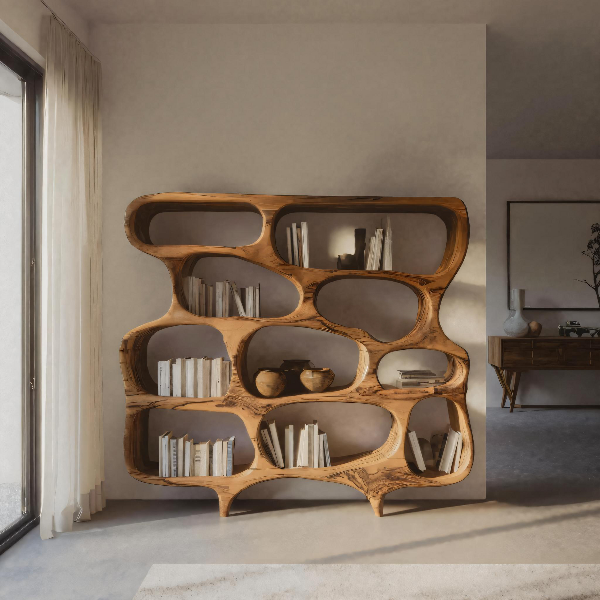 Artistic Bookshelf With Curved Design For Living Room Interior Kitchnce