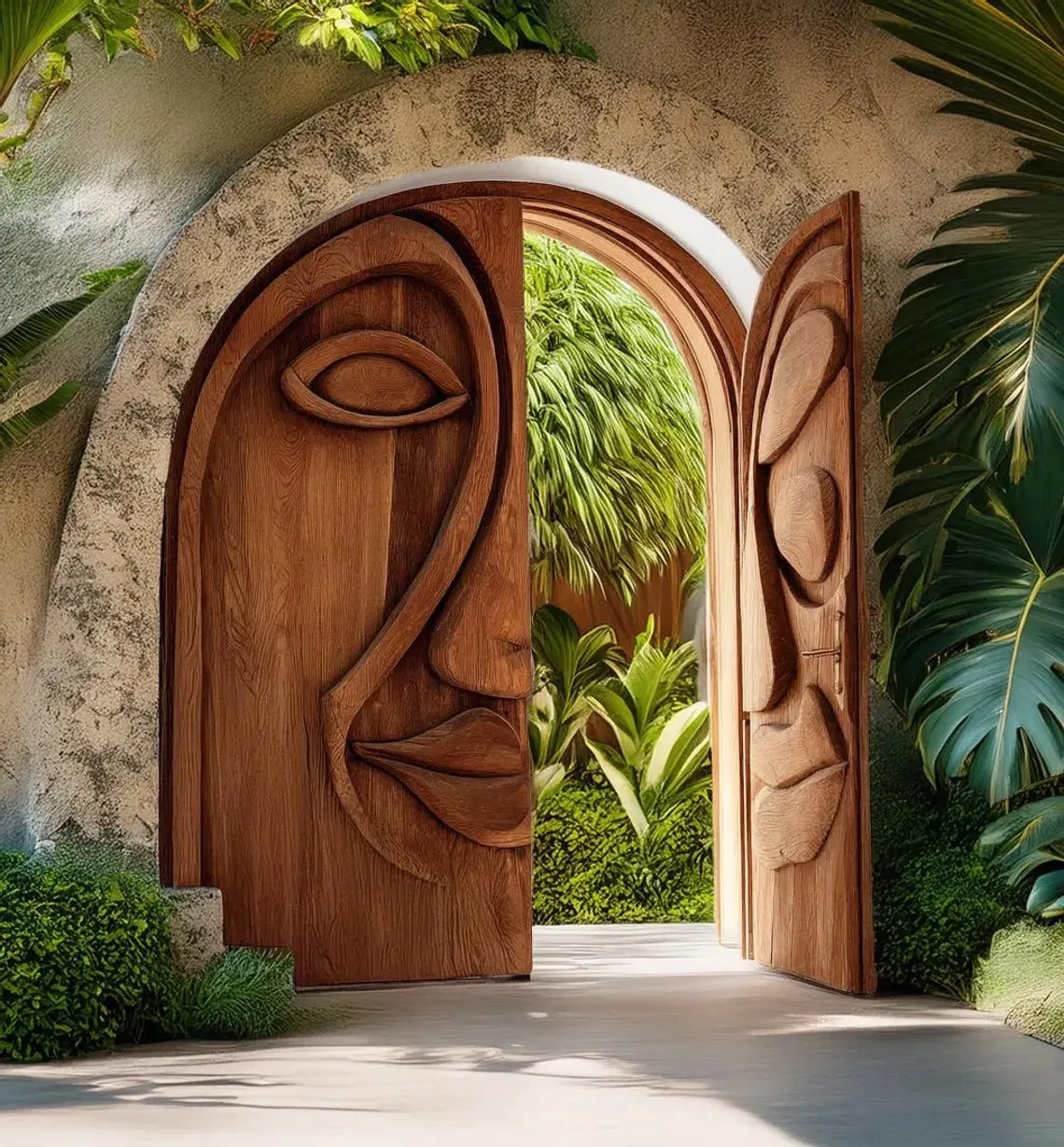 Artistic Face Carved Entry Door For Villa Entrance Kitchnce