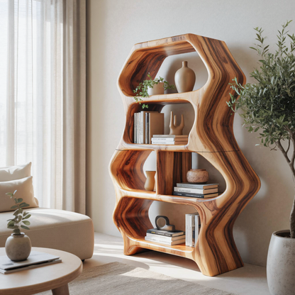 Sculptural Bookshelf With Organic Carved Display For Living Room And Office Kitchnce