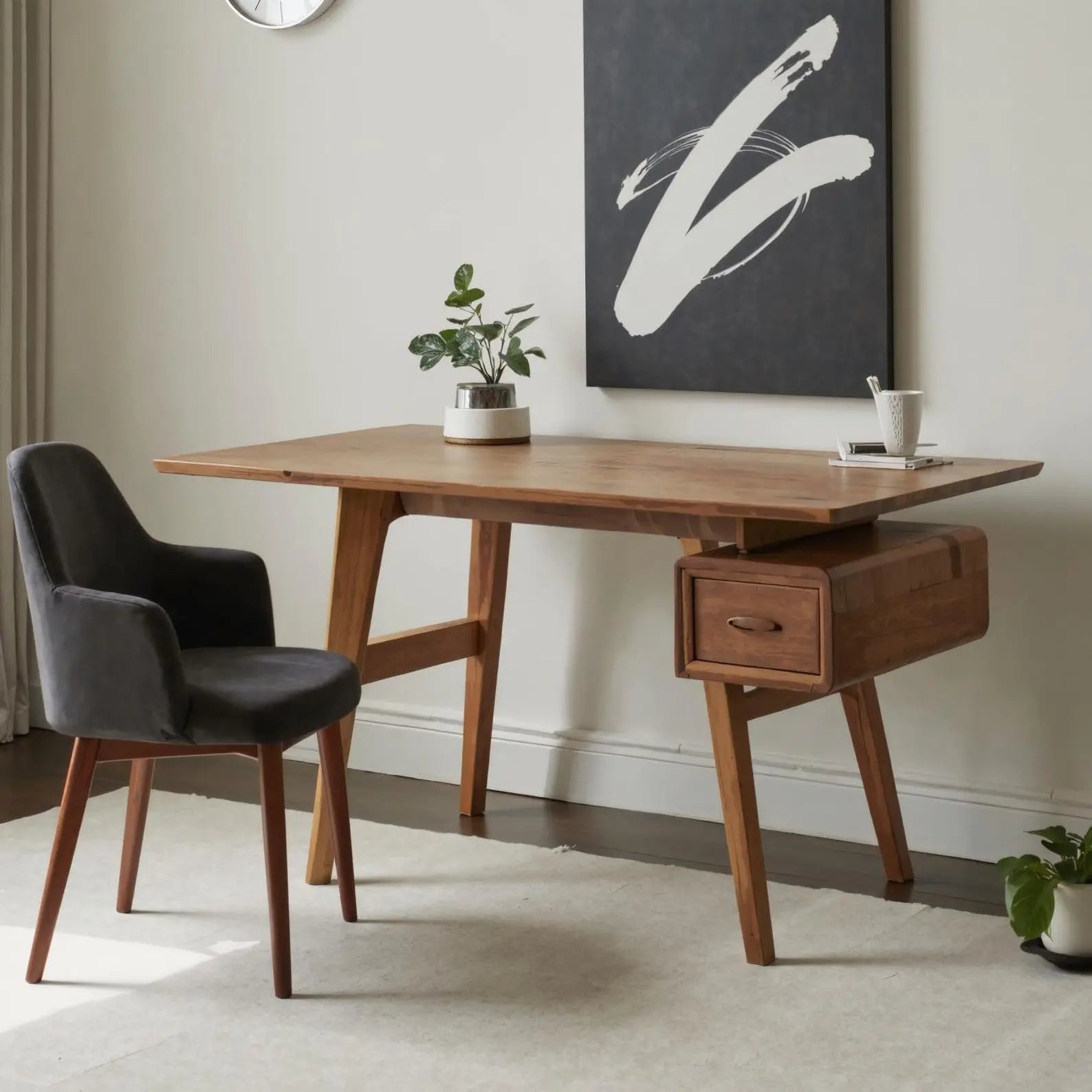 Mid-Century Desk With Drawer For Home Office Space Kitchnce