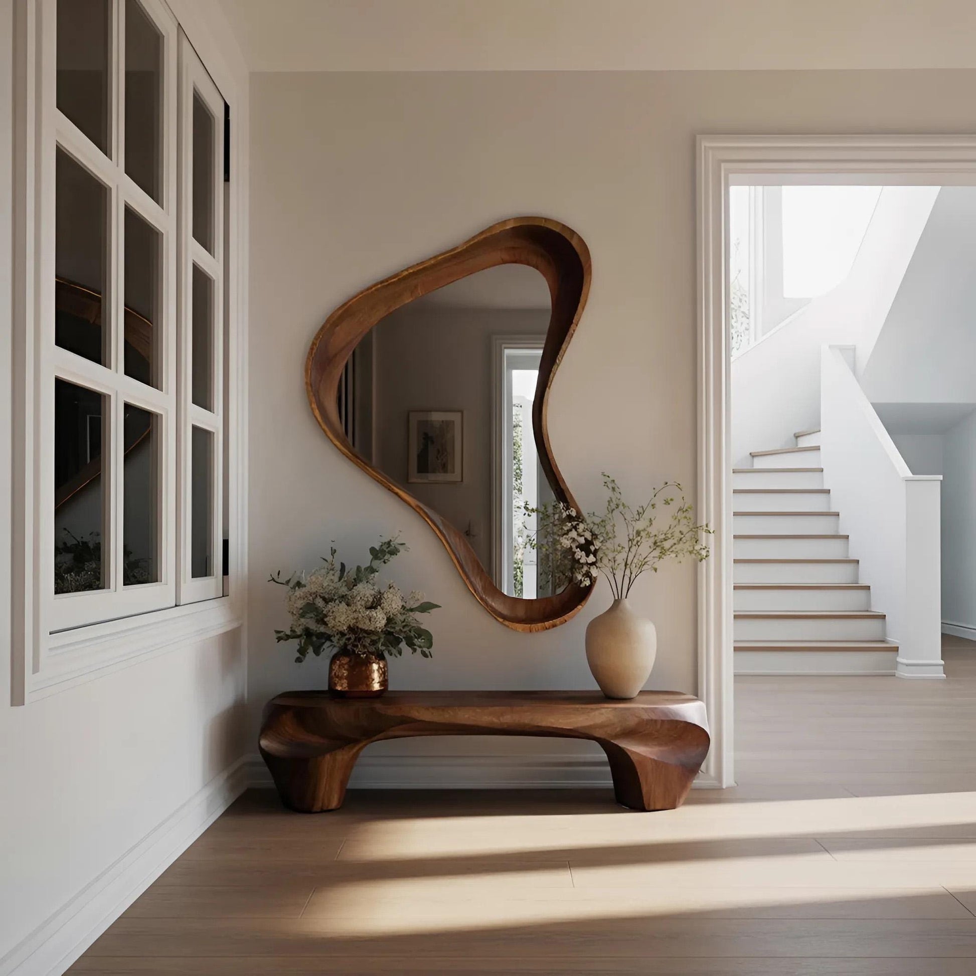 Modern Sculptural Bench And Wall Mirror For Entryway Kitchnce