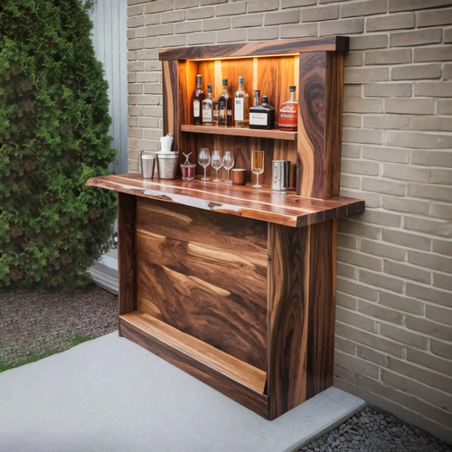 Live Edge Wall Mounted Outdoor Bar With Shelf And Lights For Patio Or Garden Kitchnce