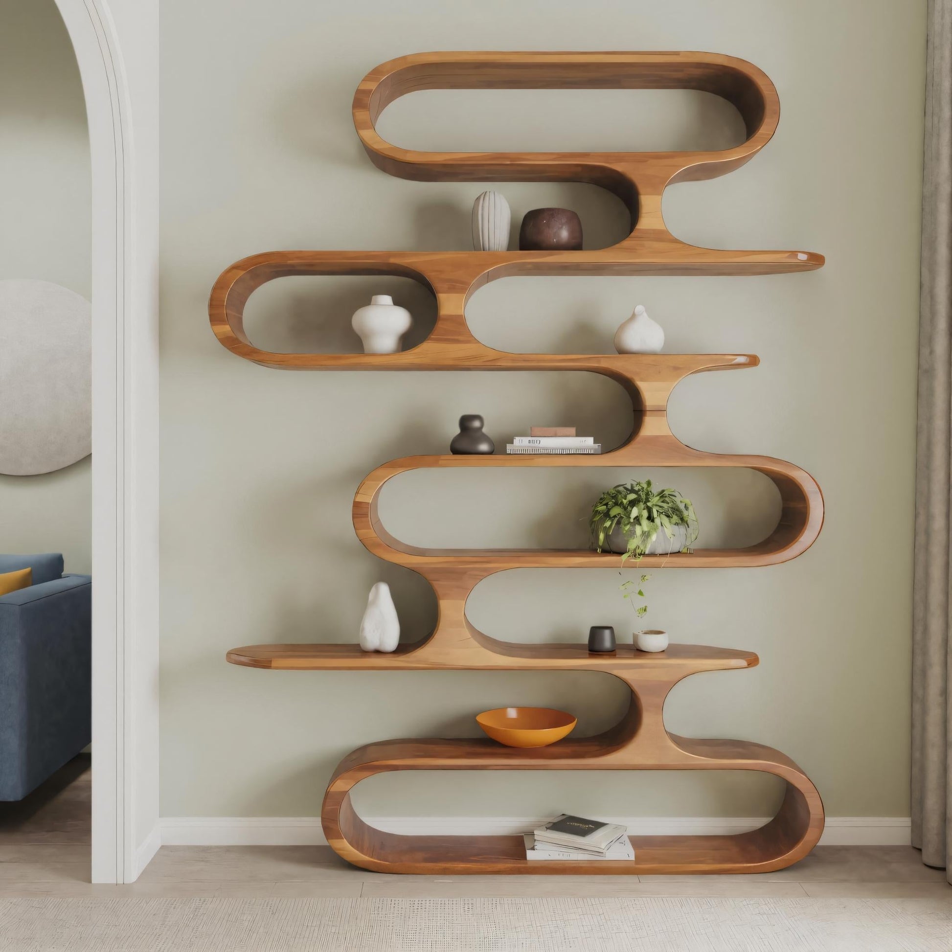 Mid Century Modern Wall Shelf With Flowing Shape For Living Room And Office Kitchnce