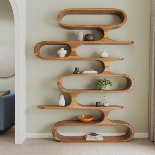Mid Century Modern Wall Shelf With Flowing Shape For Living Room And Office Kitchnce