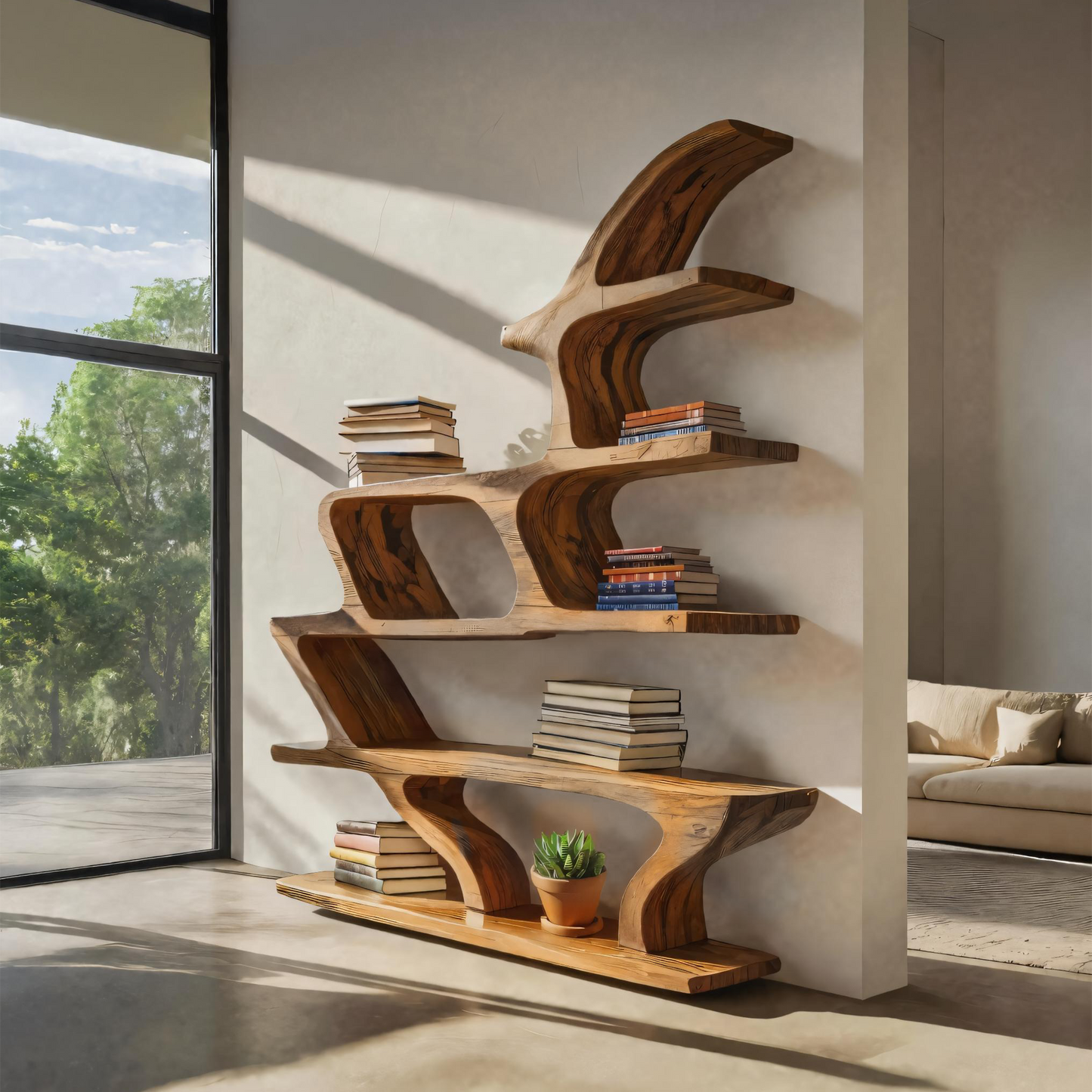 Modern Sculptural Bookshelf With Fluid Shelving For Living Room Kitchnce