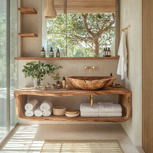 Handcrafted Wooden Vanity For Bathroom Natural Look Kitchnce
