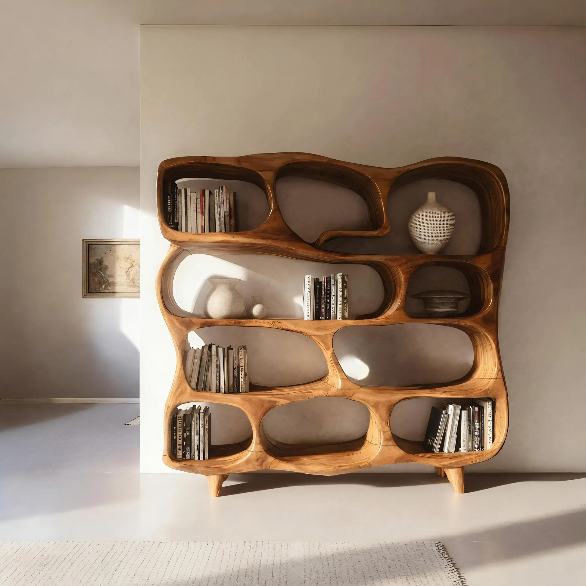 Modern Handcrafted Bookshelf With Curved Design For Living Room Kitchnce