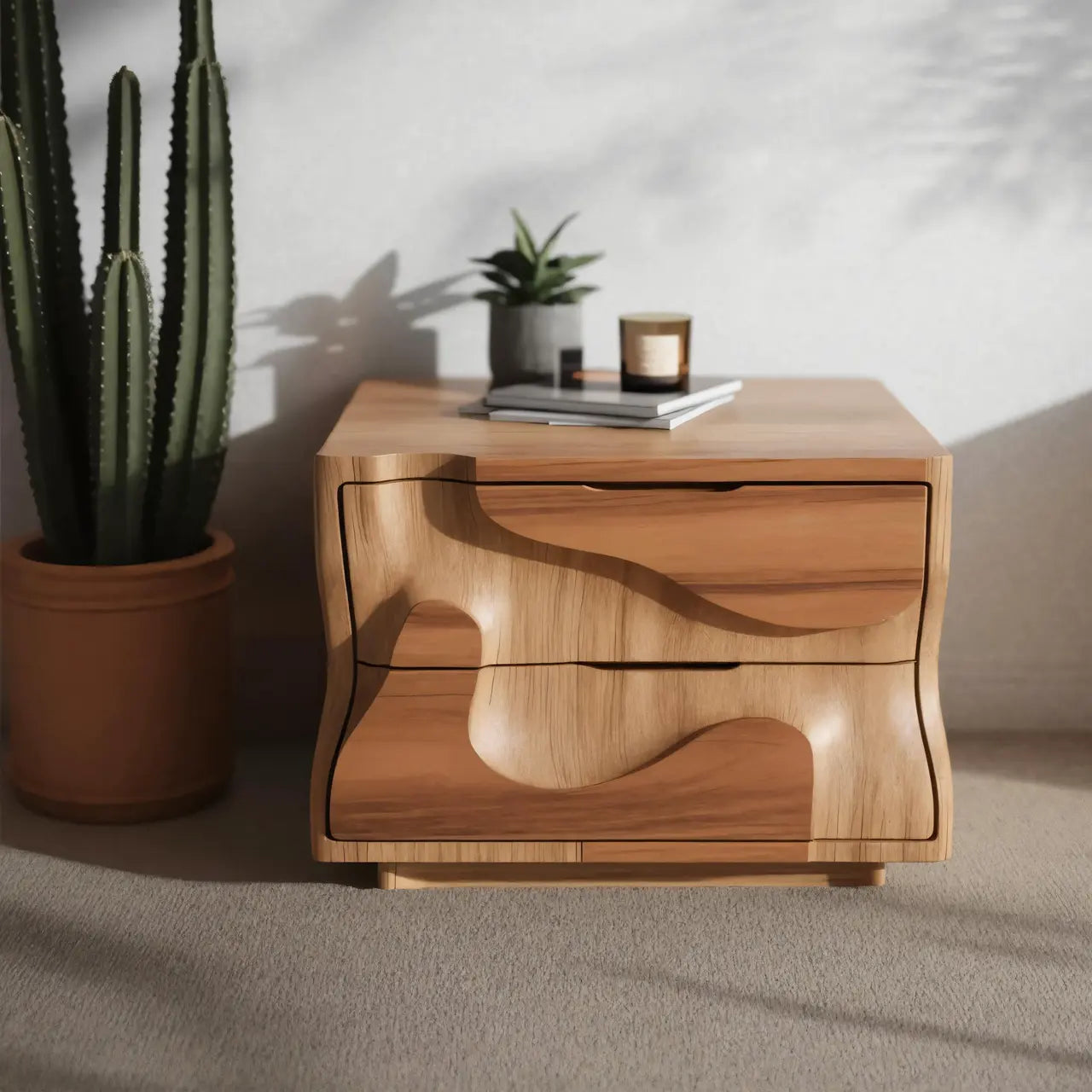 Modern Wavy Nightstand with Carved Drawer Cabinet For Bedroom And Living Room Kitchnce
