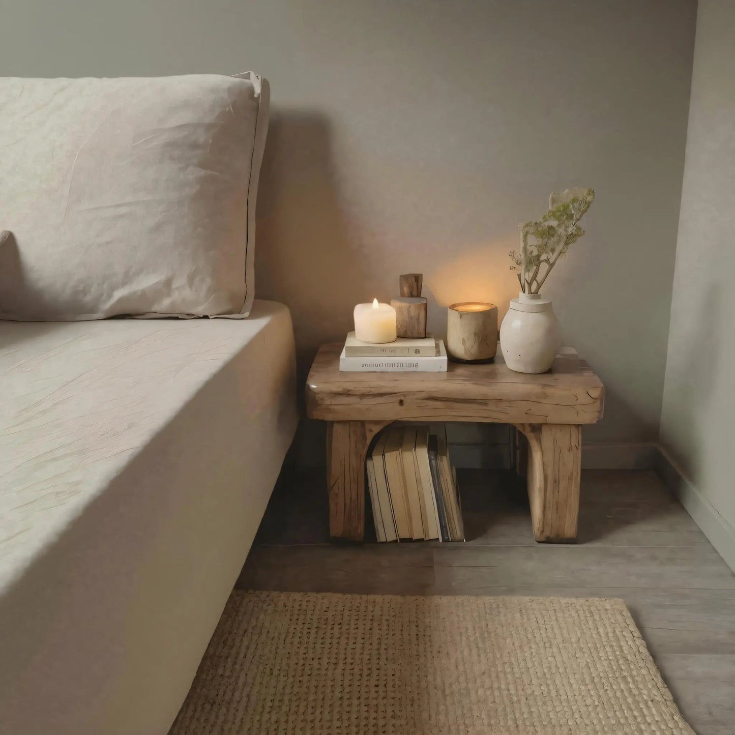 Rustic Nightstand Low Bedside Table With Shelf For Bedroom And Meditation Kitchnce