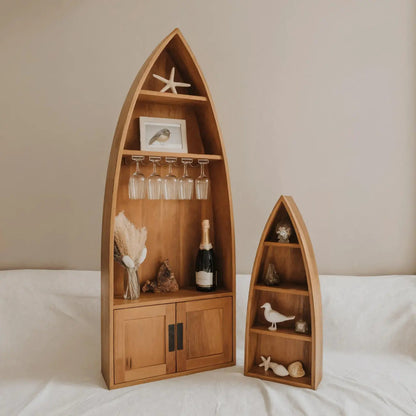 Coastal Boat Shaped Shelf With Glass Rack For Beach House And Living Room Kitchnce