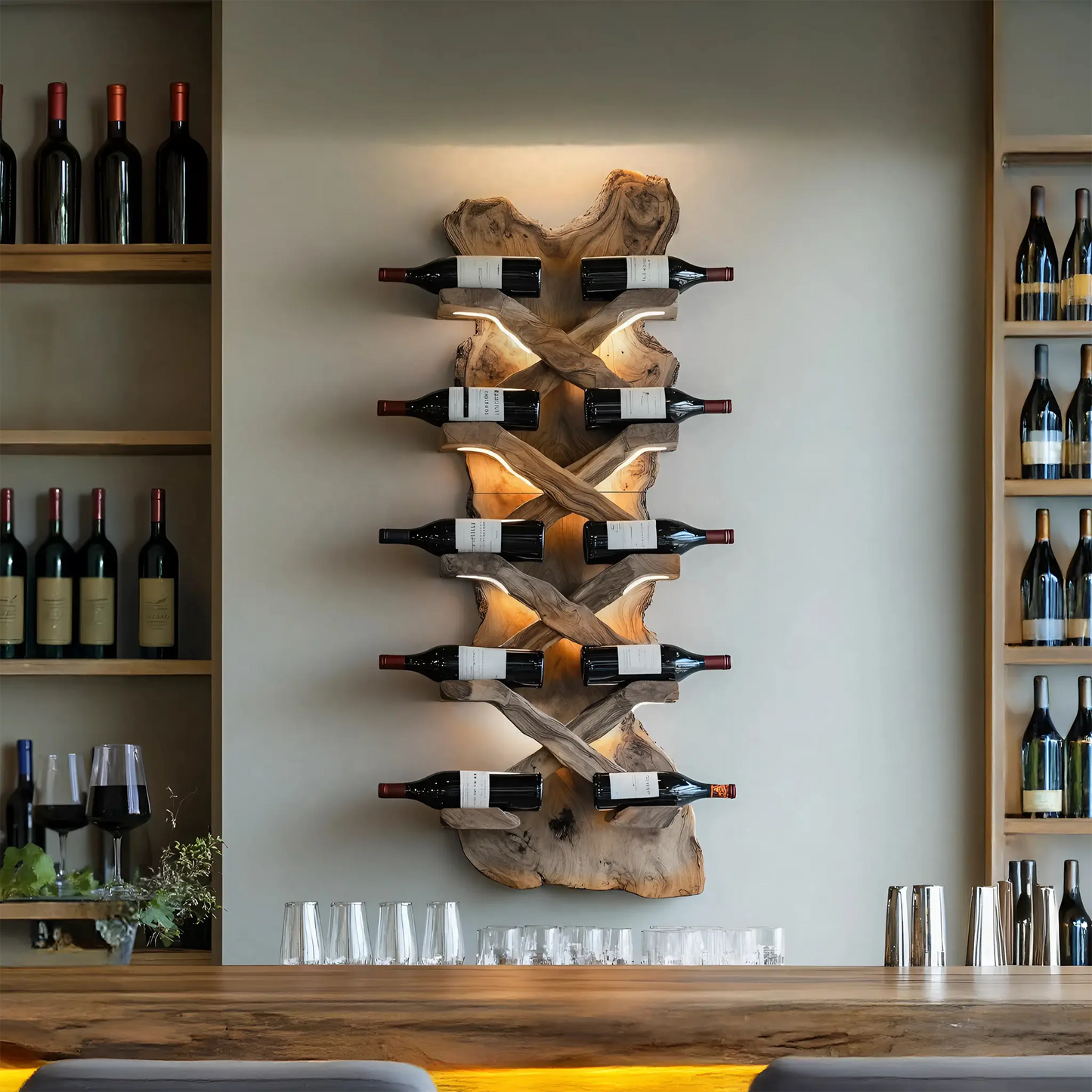 Handcrafted Solid Wood Wine Rack For Bar Decor And Storage Kitchnce