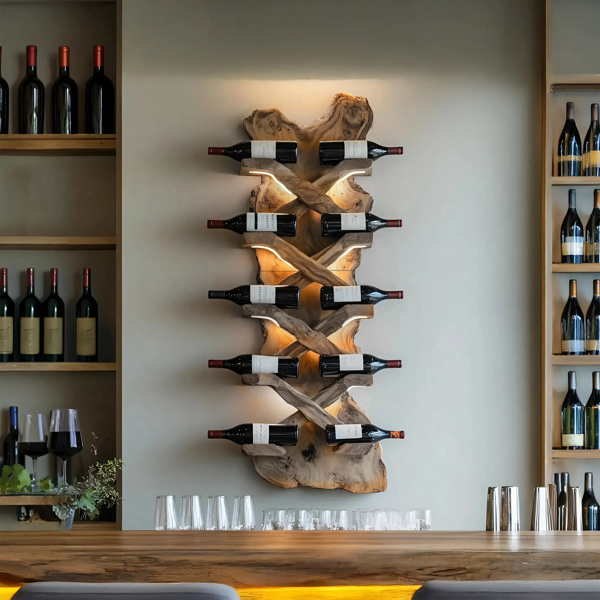 Handcrafted Solid Wood Wine Rack For Bar Decor And Storage Kitchnce