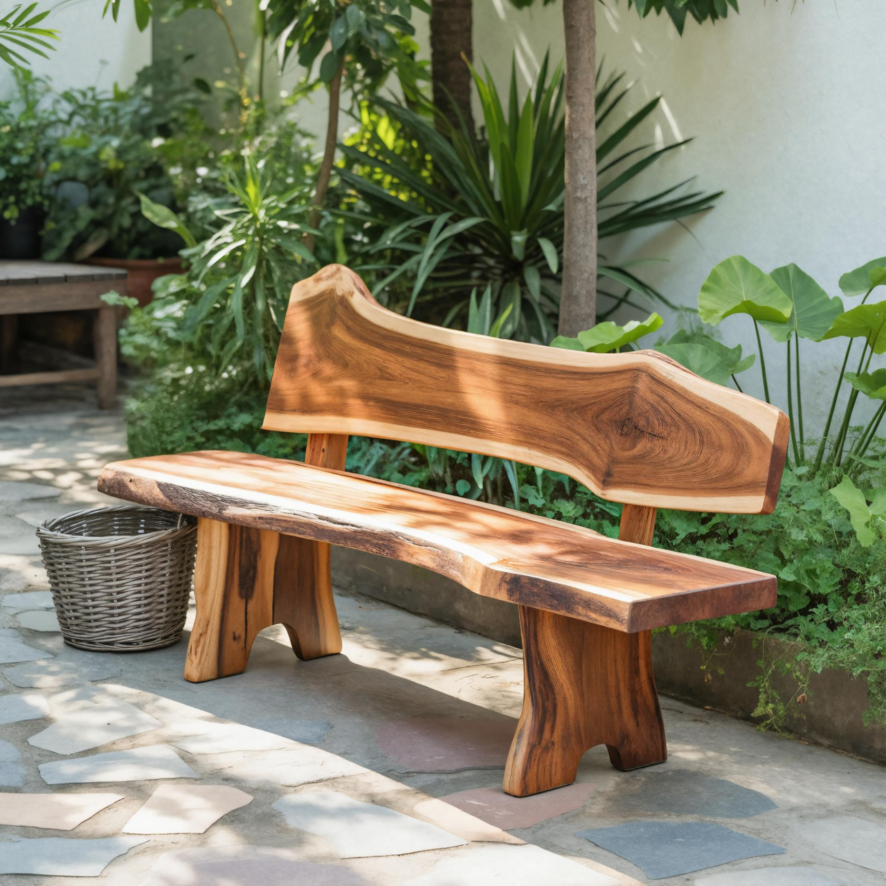 Rustic Live Edge Outdoor Bench With Curved Back For Patio Or Garden Kitchnce