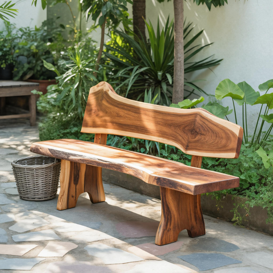 Rustic Live Edge Outdoor Bench With Curved Back For Patio Or Garden Kitchnce