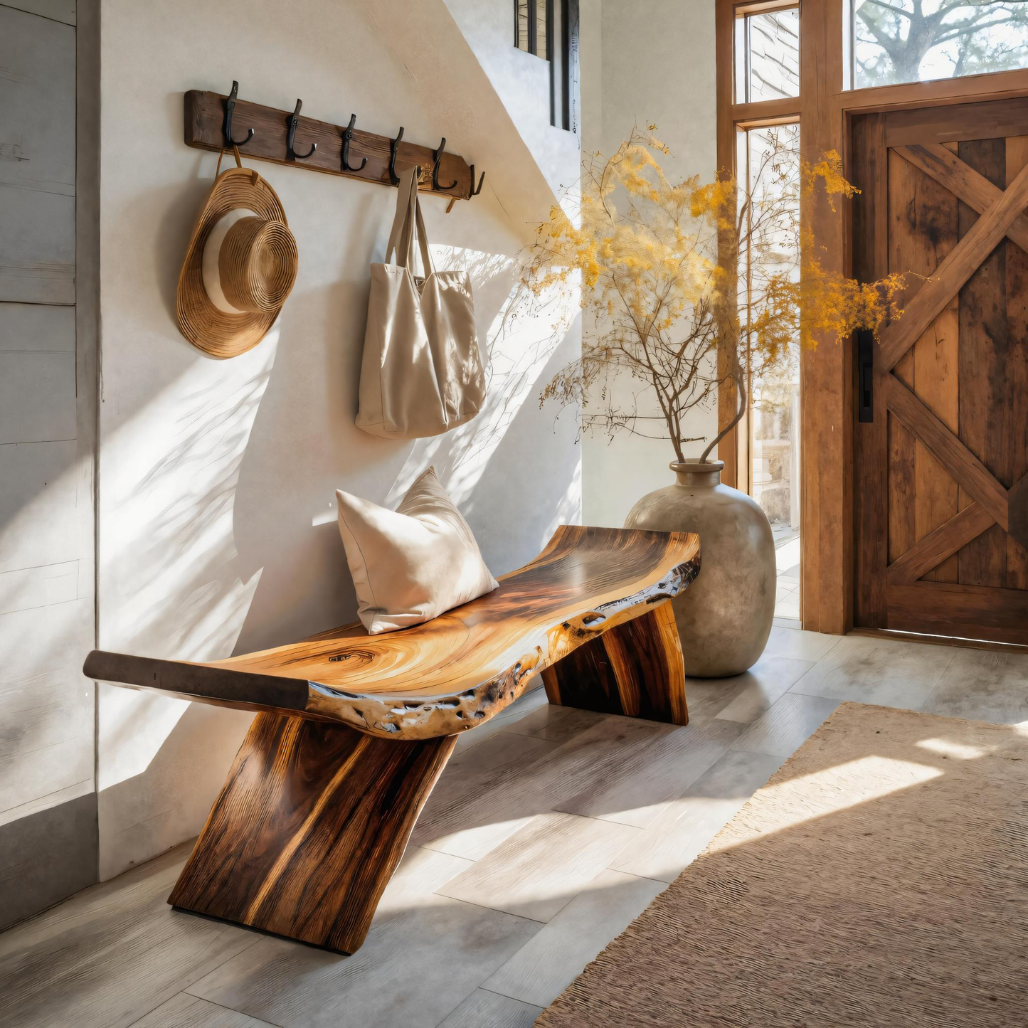 Rustic Live Edge Bench With Organic Curves For Entryway Kitchnce