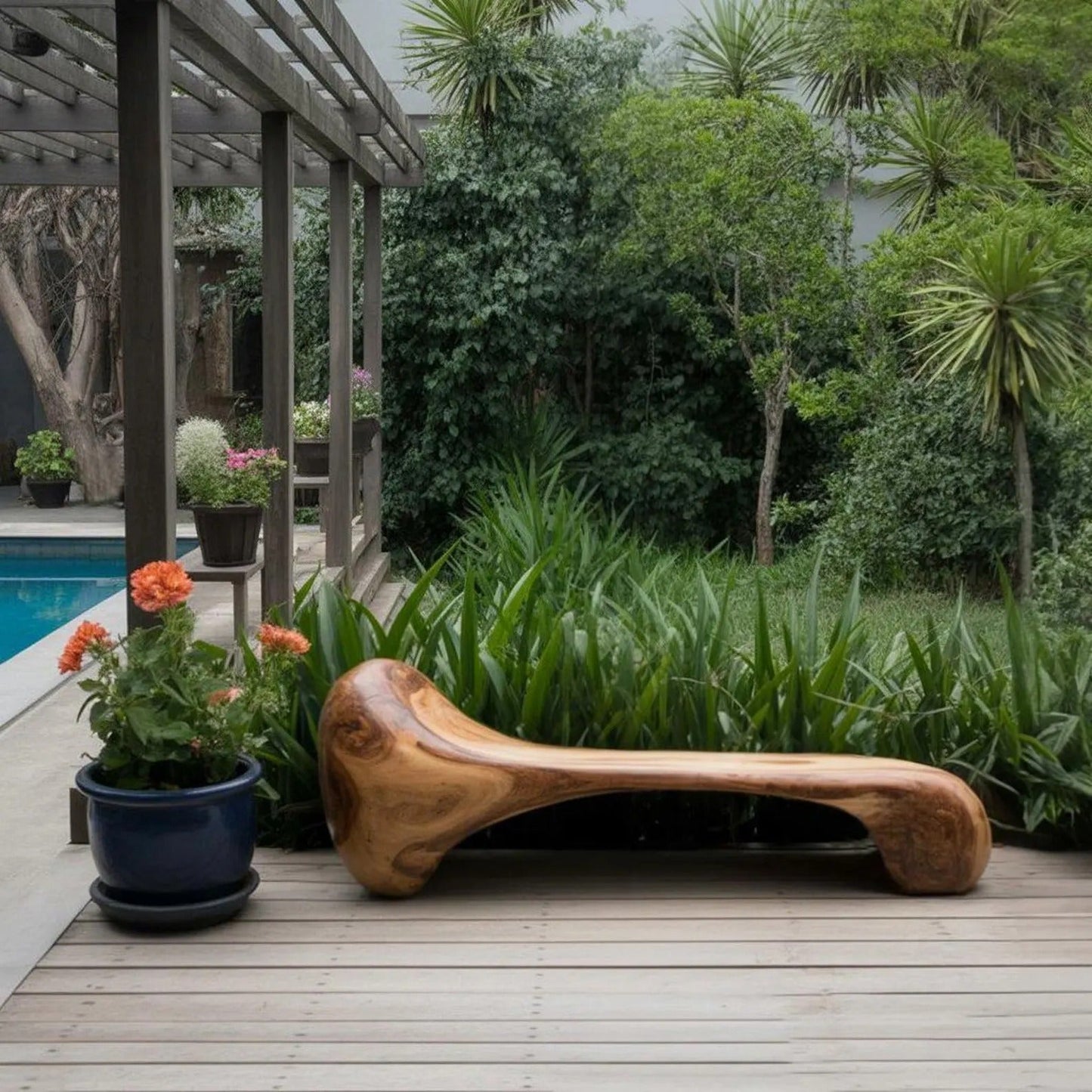 Sculptural Wood Bench For Garden Poolside Or Patio Kitchnce