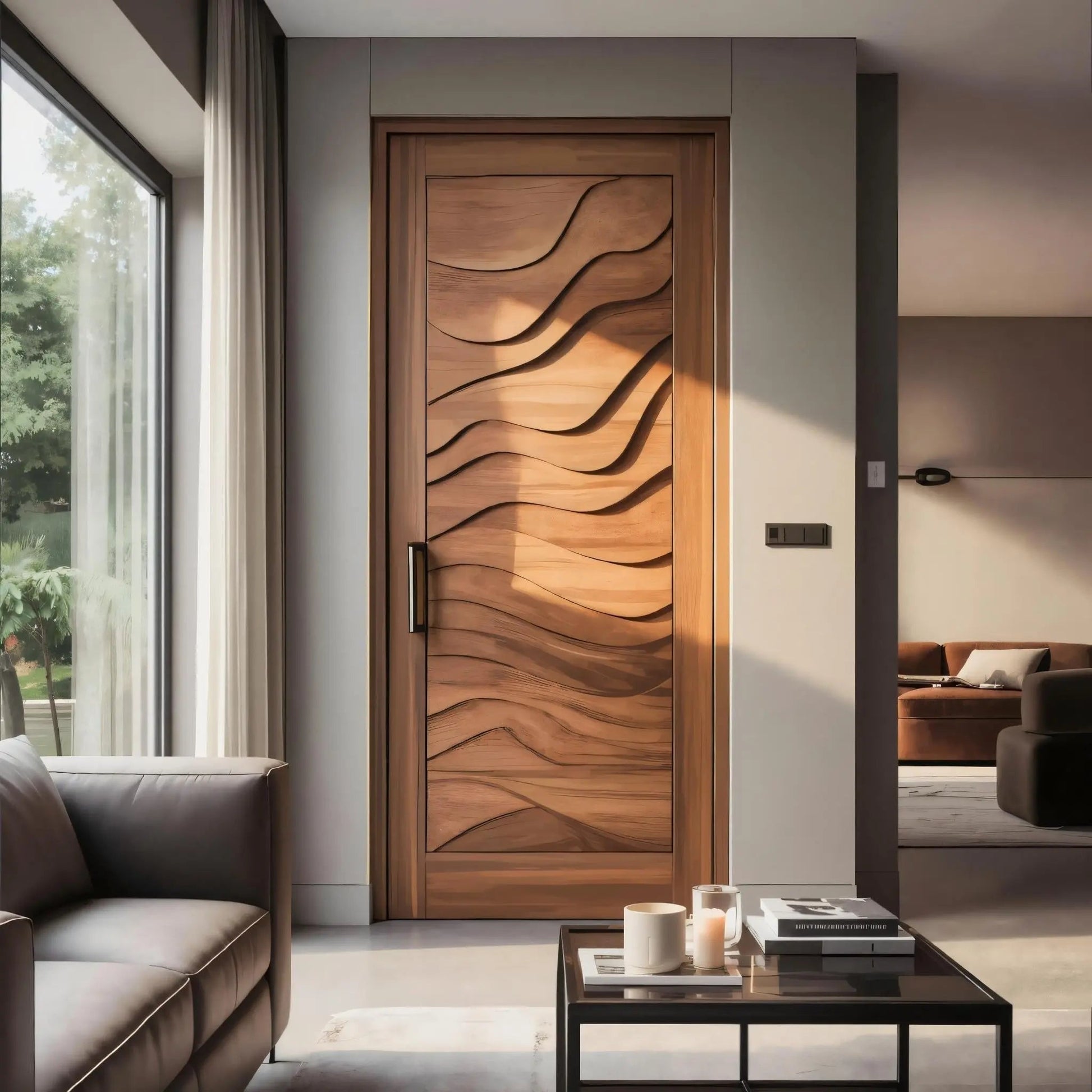 Modern Wave Carved Door Design With 3D Pattern For Hallway And Living Room Kitchnce