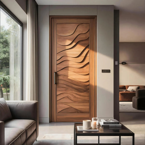 Modern Wave Carved Door Design With 3D Pattern For Hallway And Living Room Kitchnce