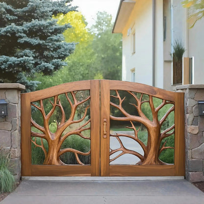 Rustic Tree Carved Entrance Gate For Garden Driveway Kitchnce