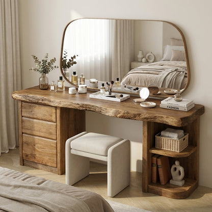 Solid Wood Makeup Vanity Desk with Live Edge Top, 3 Drawers and Open Side Shelves