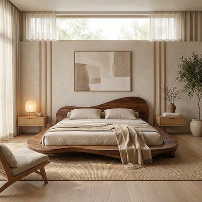 Handcrafted Solid Wood Sculptural Platform Bed, Organic Wavy Japandi Bed Frame