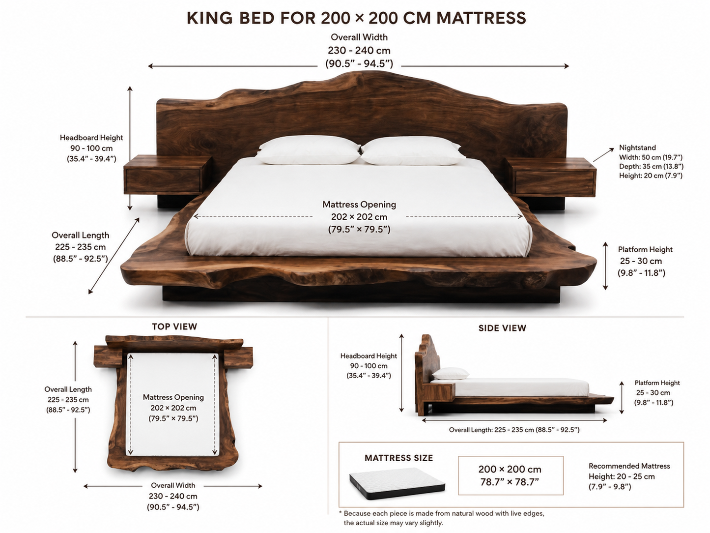 Zahara Solid Walnut Live Edge Platform Bed.