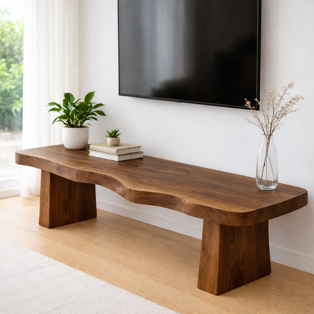 Live Edge Solid Wood TV Stand – Rustic Walnut Media Console Table for Living Room Kitchnce