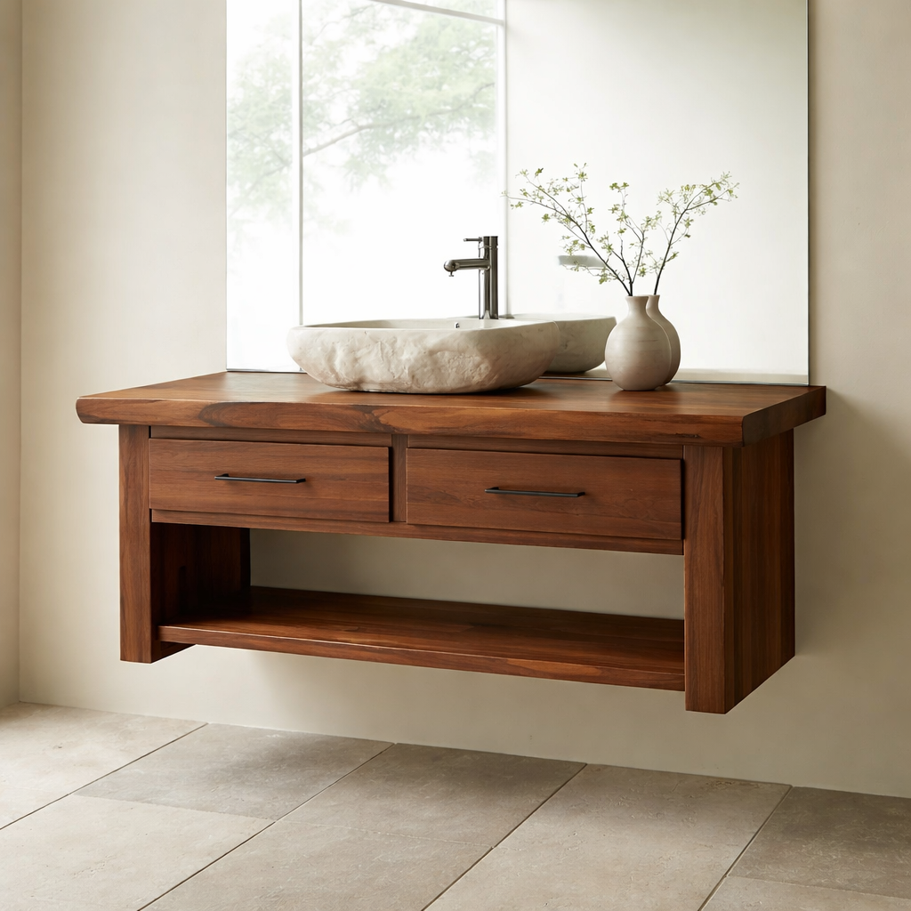 Floating Solid Wood Bathroom Vanity with Storage Shelf Kitchnce