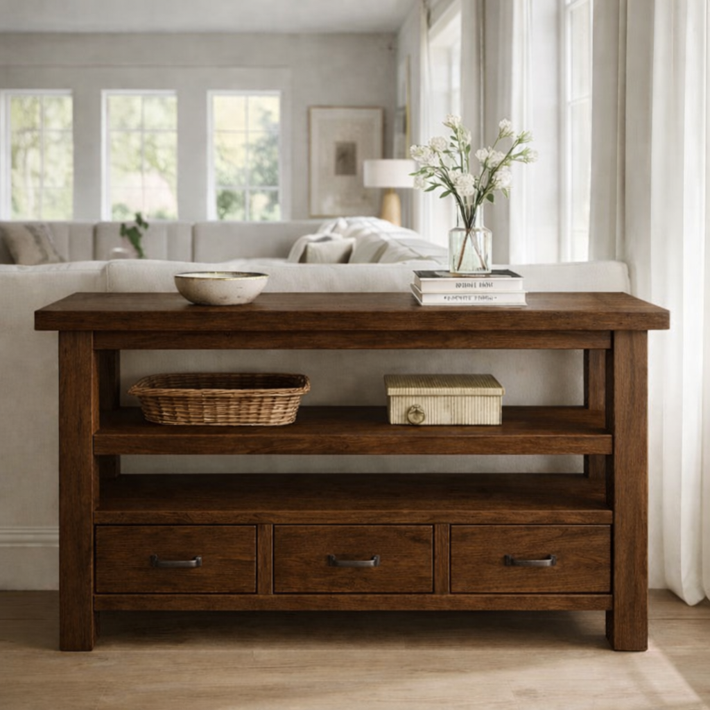 Solid Wood Console Table with Drawers and Open Shelf Kitchnce