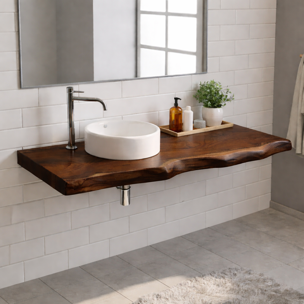 Floating Live Edge Solid Wood Bathroom Vanity Top – Rustic Wall Mounted Wood Countertop Kitchnce