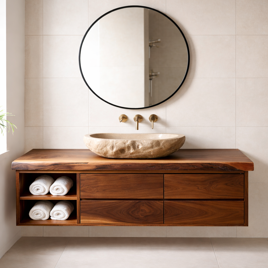 Floating Solid Wood Bathroom Vanity with Live Edge Countertop, Drawers and Open Storage Kitchnce