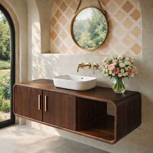 Floating Solid Wood Bathroom Vanity with Cabinet Doors and Open Shelf for Elegant Bathrooms Kitchnce