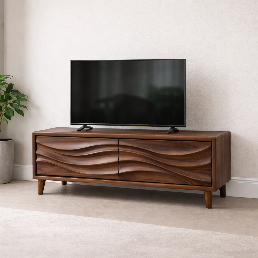 Solid Wood TV Stand for Modern Living Room with Wave Textured Front