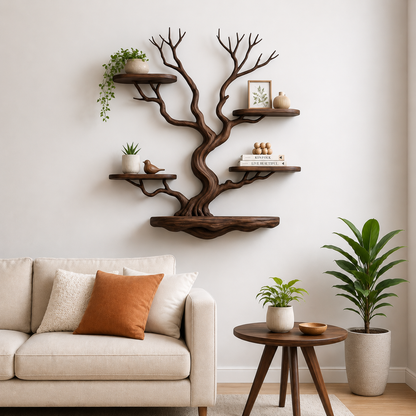 Handcrafted Solid Wood Tree Wall Shelf with Floating Display Shelves