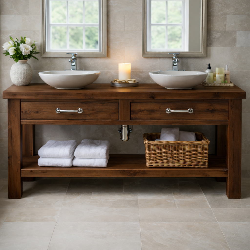 Solid Wood Double Bathroom Vanity with Drawers and Open Shelf Storage Kitchnce