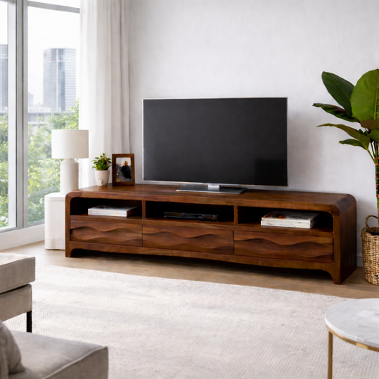 Solid Wood TV Stand with Wave-Front Drawers and Open Shelf for Stylish Living Spaces Kitchnce