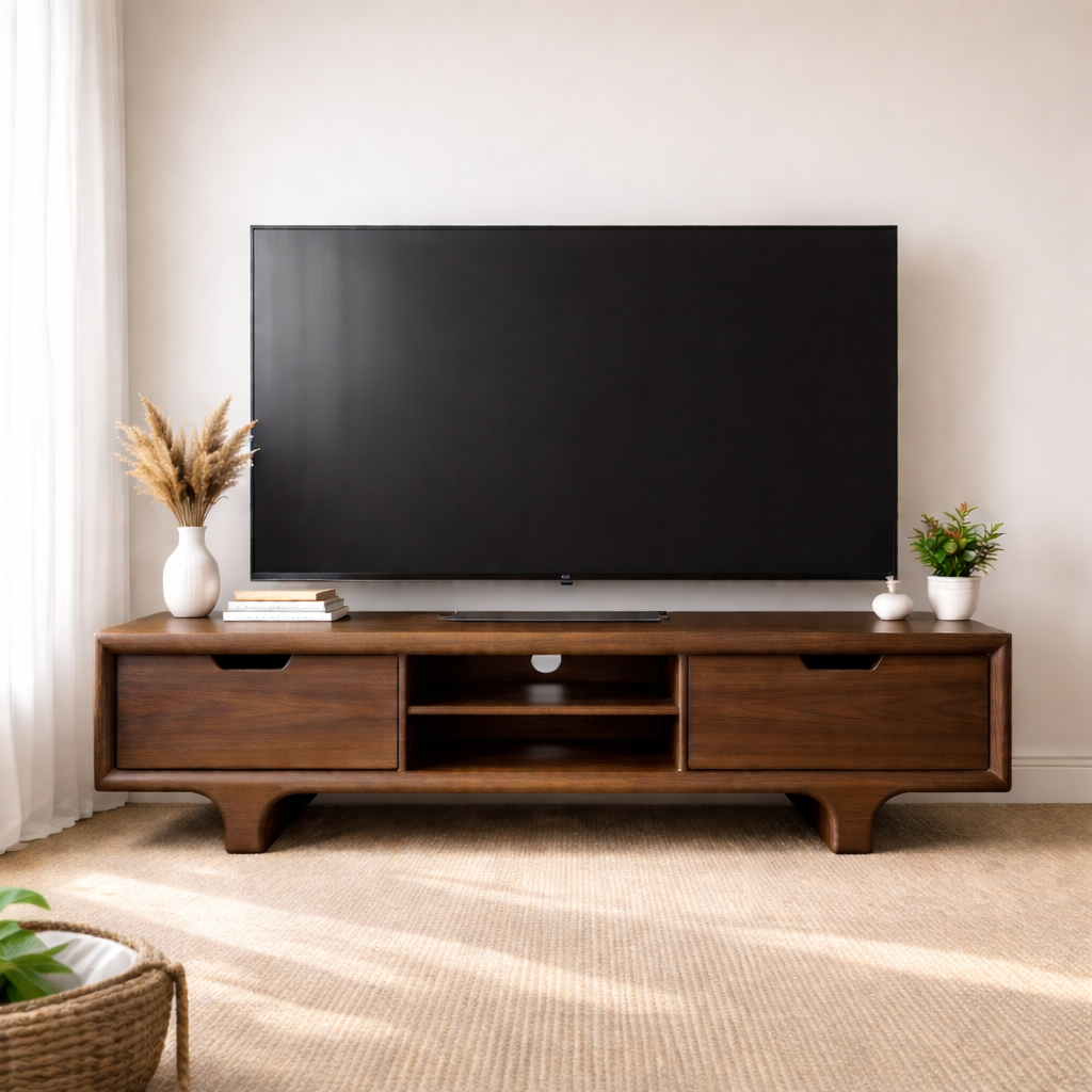 Mid Century Walnut Wood TV Stand with Drawers – Solid Wood Media Console Cabinet Kitchnce