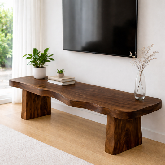 Live Edge Solid Wood TV Stand – Rustic Walnut Media Console Table for Living Room Kitchnce