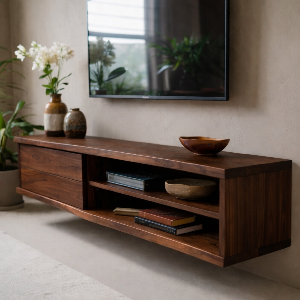 Floating Solid Wood TV Stand with Drawer and Open Shelves for Modern Living Rooms Kitchnce